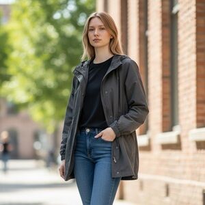 Eileen Fisher  Dark Gray Hooded Rain Jacket M EUC